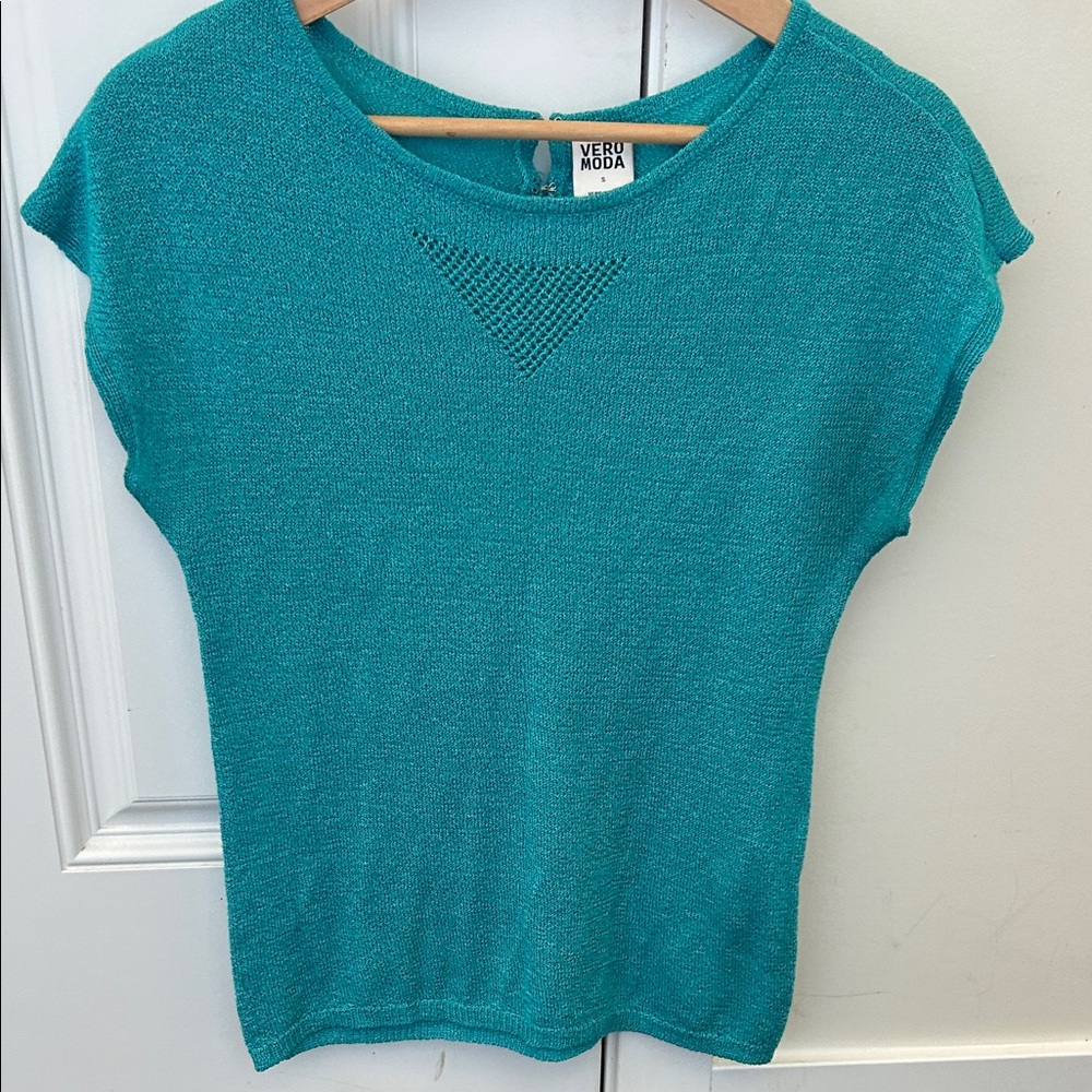 Vero Moda Teal Short Sleeve Knit Top with Triangle Eyelet